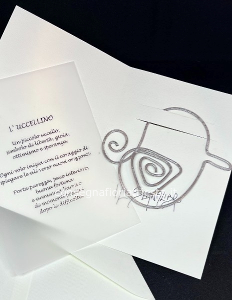 biglietto augurale con segnalibro in alluminio UCCELLINO
